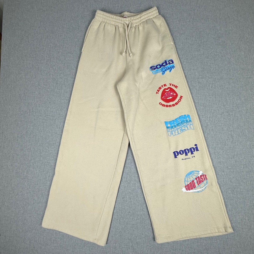 Poppi Sweatpants Women S Beige Good Graphic Wide Leg Fleece